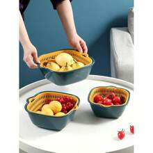 6入組雙層廚房塑料水果和蔬菜過濾瀝水籃,可用於排水和儲存
