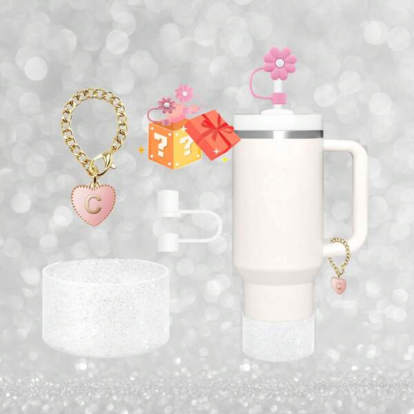 4PCS Accessories For Cups Including 1 Piece Glitter Silicone Boot Sleeve For Cup Accessories 20-40oz,1Piece Name Letter Charm,1Piece White Straw Cap Cover And 1 Piece RANDOM Flower Straw Cap Cover, Anti Slip Bottom Cover Bumper For Water Sport Bottles With Personalized Identification Set For Tumblers, Mother's Day Gift