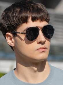 复古飞行员风格金属时尚眼镜，经典男女通用户外旅行海滩度假休闲装饰日常眼镜，适合夏季海滩度假、户外、旅行 - 黑色 - 查看 1