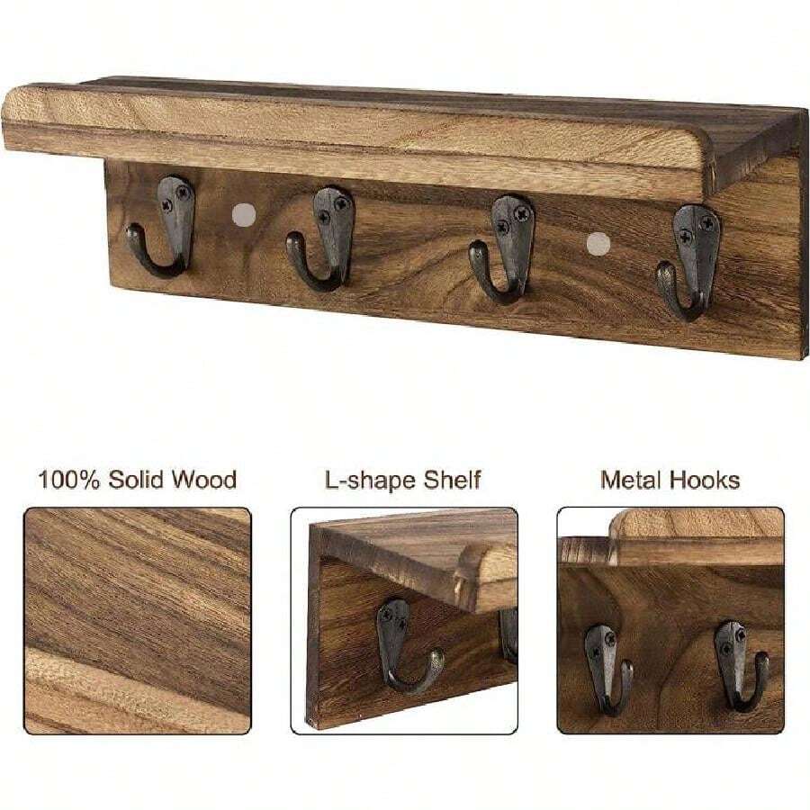 Rustic Key Holder for Wall, Farmhouse Wall Shelf with 4 Hooks, Wall