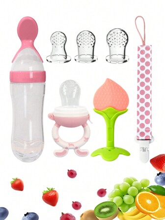 Juego de 7 piezas para alimentación de bebé con frutas y verduras, incluye bolsa de malla de silicona para frutas, machacador de comida, cuchara, mordedor, cucharas de alimentación de punta suave, clip anti-caída para chupete, en colores surtidos