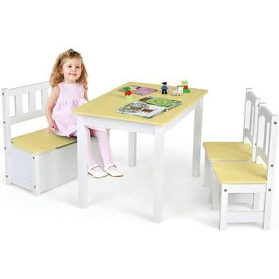 4-Piece Table And Chair Set For Children, 2 In 1 Wooden Table Set For Toddlers With 2 Chairs And 1 Storage Bench, Multifunctional Furniture For Playing, Drawing, Reading (Natural)