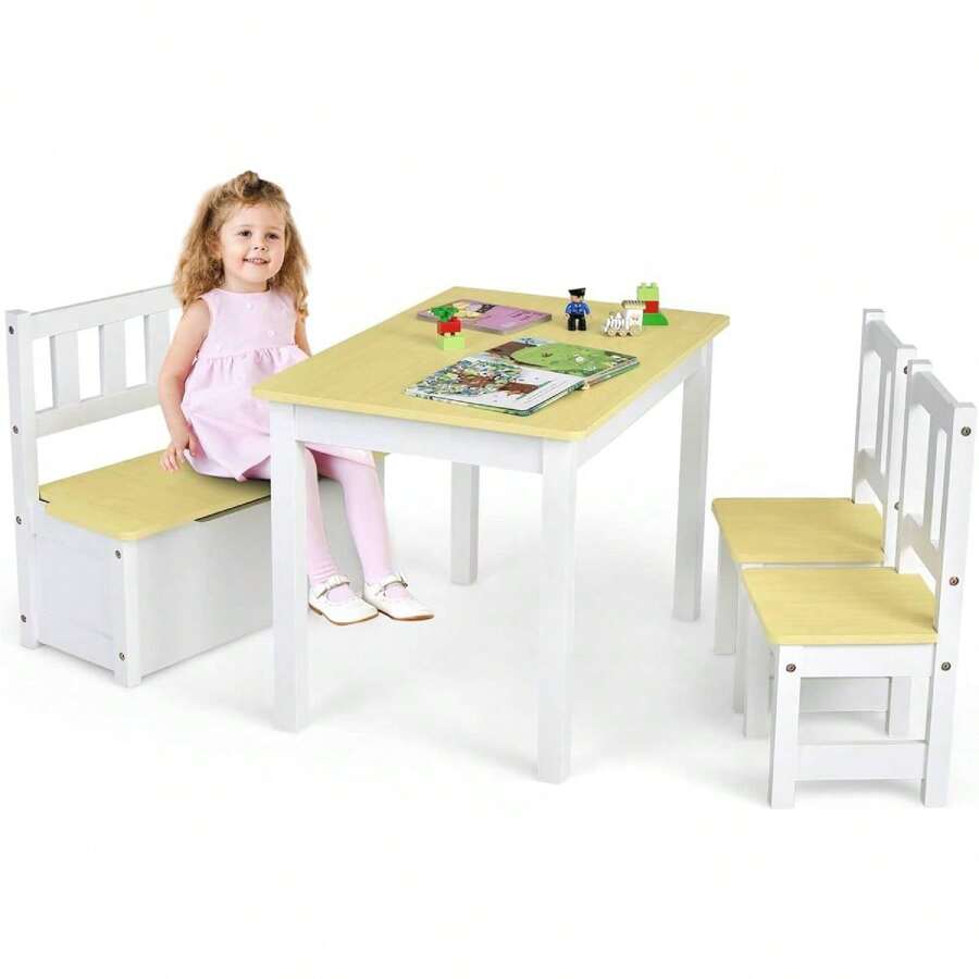 4-Piece Table And Chair Set For Children, 2 In 1 Wooden Table Set For Toddlers With 2 Chairs And 1 Storage Bench, Multifunctional Furniture For Playing, Drawing, Reading (Natural) - 棕色 - 查看 1