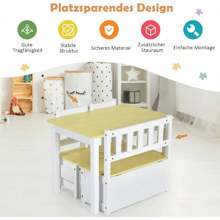 4-Piece Table And Chair Set For Children, 2 In 1 Wooden Table Set For Toddlers With 2 Chairs And 1 Storage Bench, Multifunctional Furniture For Playing, Drawing, Reading (Natural) - 棕色 - 查看 4