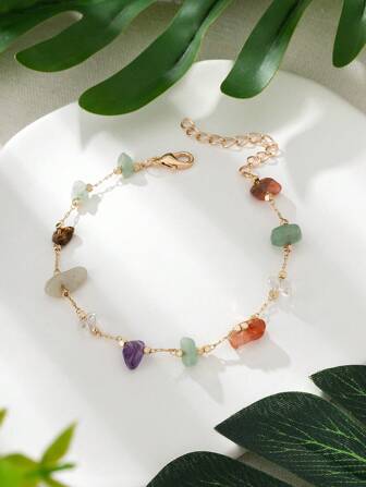 1pc Minimalist Colorful Natural Stone Beaded Bracelet & Anklet Set, Suitable For Women Beach Holiday Wear, Random Stone Color, Size & Quantity