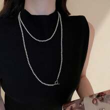 1條120cm長雙層珍珠項鍊,ot插扣設計,獨特風格與酷感調調,歐美毛衣裝飾最佳選擇 - 彩色 - 查看 6