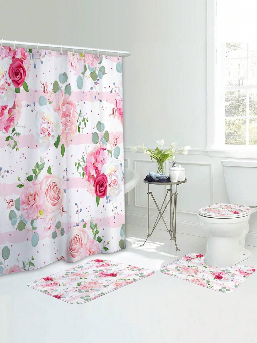 1 件清新粉色和白色玫瑰浴室垫或浴帘家居浴室装饰 - 彩色 - 查看 1