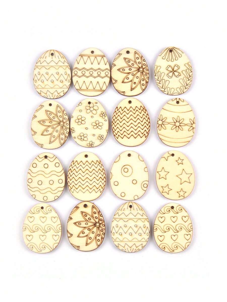 25入組4*3cm帶花紋木蛋形拼板,適用於diy手工,塗鴉,家居裝飾,掛飾,復活節裝飾 - 卡其色 - 查看 1