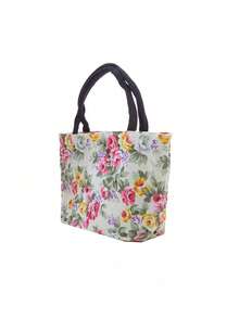 女包、花卉印花帆布肩背包、手提包 - 白色 - 查看 3