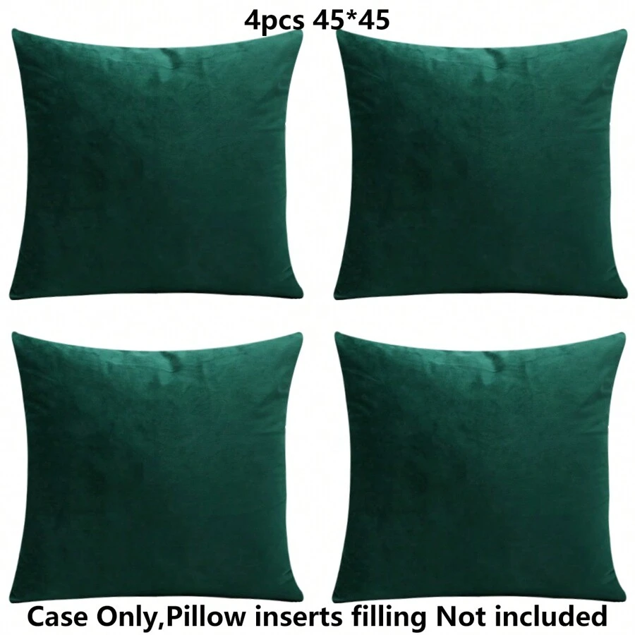 4pcs Set Of Simple Solid Color Soft Plush Pillow Covers, Home Decor Fabric, Without Pillow Insert - Dark Green - View 1