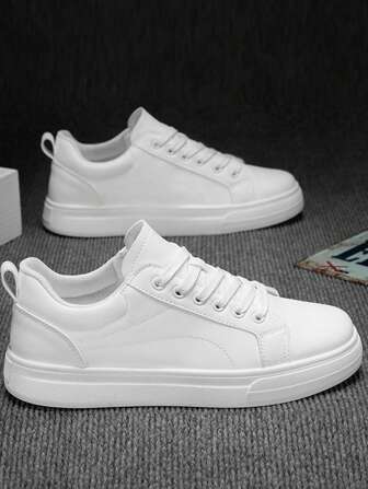 Men's White Fashion Casual Sneakers, Outdoor Sports Shoes, Student Personalized Flat Casual Shoes, Street Style Party Leather Shoes, Round Toe Lightweight Canvas Shoes, Unisex Casual Travel Vacation Footwear