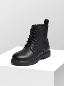 Kids Combat Boots | Ankle-Length Style With Side Zipper For Toddler & Little Kid - BLACK/PU - View 4