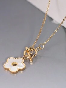 1pc Stainless Steel Ot Clasp Seashell & Five-Petal Style Necklace With Mother Of Faux Pearl & Flower Pendant, Perfect For Women's Party Attire And As A Birthday Gift For Girlfriend Valentines,Mom,Mother,Mother's Day,Gift - Yellow Gold - View 2