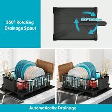 Dish Drainer Rack With Drip Tray, Dish Drying Rack With 360° Swivel Spout And Drainer Mat, Durable Stainless Steel Dish Rack With Cup Holder And Cutting Board Holder (Black - One Tier) - Black - View 2