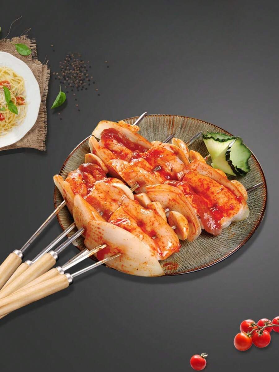 20pcs/Pack Stainless Steel Bbq Skewers With Wooden Handle, Outdoor Grill Tools Set - Silver - View 1