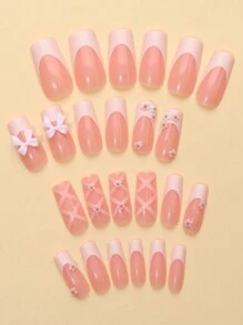 24入組淺粉色方形指甲藝術品,粉紅色蝴蝶結、粉色花卉設計+1個指甲文件+1個果凍膠 - 粉色 - 查看 2