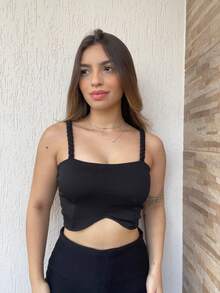 Cropped com bojo alças trançadas - Preto - Visão 5