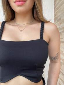Cropped com bojo alças trançadas - Preto - Visão 2