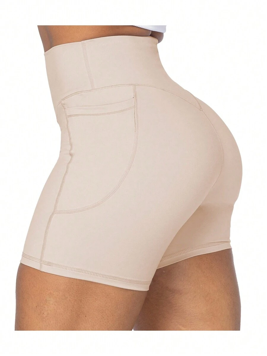 女士高腰緊身運動短褲,適用於健身瑜珈,春/夏,附內袋 - 杏色 - 查看 1