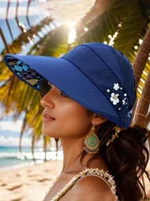 1 pezzo Nuovo cappello da secchio alla moda per donne, da viaggio e all aperto, con protezione solare, a tesa larga e pieghevole, con foro per la coda di cavallo, decorato con perle finte e motivo a foglie, adatto per uso casual quotidiano