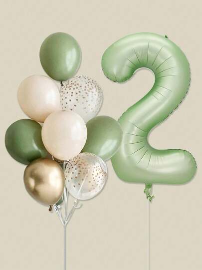 11pcs Large Size 0-9 Number Shaped Balloons, 40inch Olive Green Digit Balloon And 12inch Gold Dots Transparent Latex Balloons For Birthday Party Decoration