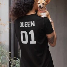 Playera para Mujer 1 Pza Estampado en Espalda Dama King & Queen 01 para Novios o Parejas San Valentín 14 de Febrero - Negro - Ver 1