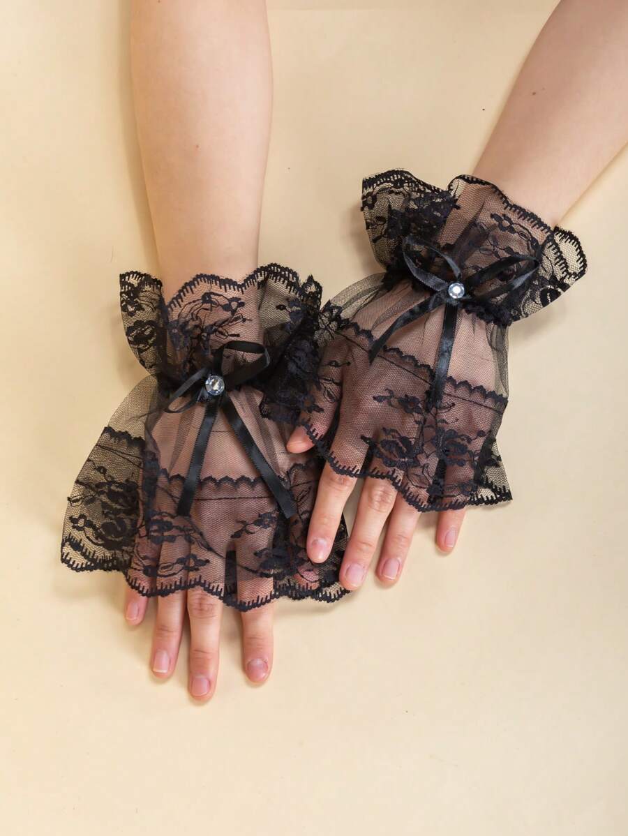 1 双女士蕾丝手套，性感短款蕾丝半指蕾丝边防晒驾驶骑行新娘手套，春夏 - 半指手套 - 查看 1