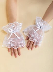 1 双女士蕾丝手套，性感短款蕾丝半指蕾丝边防晒驾驶骑行新娘手套，春夏 - 半指手套 - 查看 2