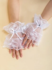 1 双女士蕾丝手套，性感短款蕾丝半指蕾丝边防晒驾驶骑行新娘手套，春夏 - 半指手套 - 查看 3