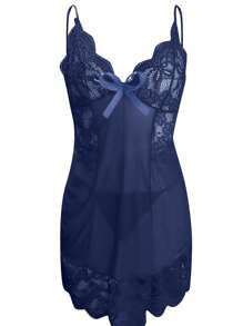 2 piezas Conjunto de lencería de camisola transparente con estampado de encaje azul y recortes para mujer, adecuado para el hogar, vacaciones o fiestas privadas, ropa interior sexy