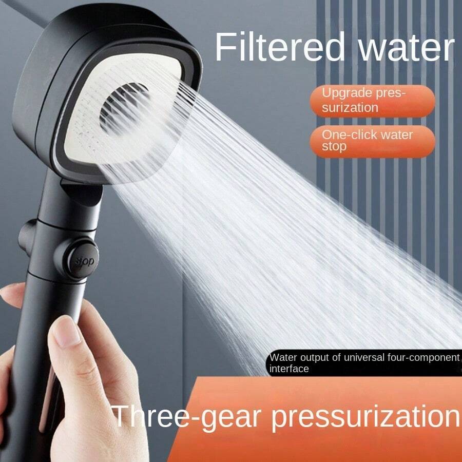 Juego De Cabezal De Ducha Presurizado Para Baño Doméstico, Con 3 Modos Y Función De Parada De Agua Con Una Tecla, Filtro Incluido, 1 Ud. - Negro - Ver 1