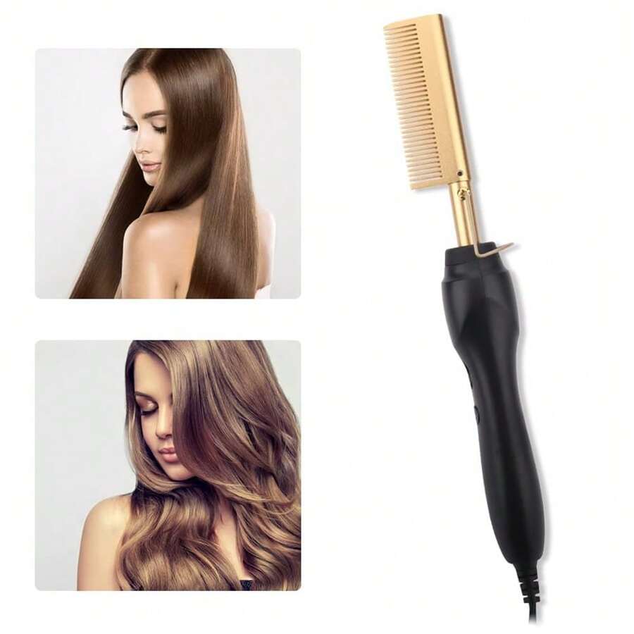 Black Heated Comb, Electric Ceramic Hair Straightener Comb For High Temperature Curly Hair Straight Hair, For Wet/Dry Hair, Beard Comb, Christmas Gift, Holiday Gift, Unisex - US A Type Plug(110-127V) - View 1