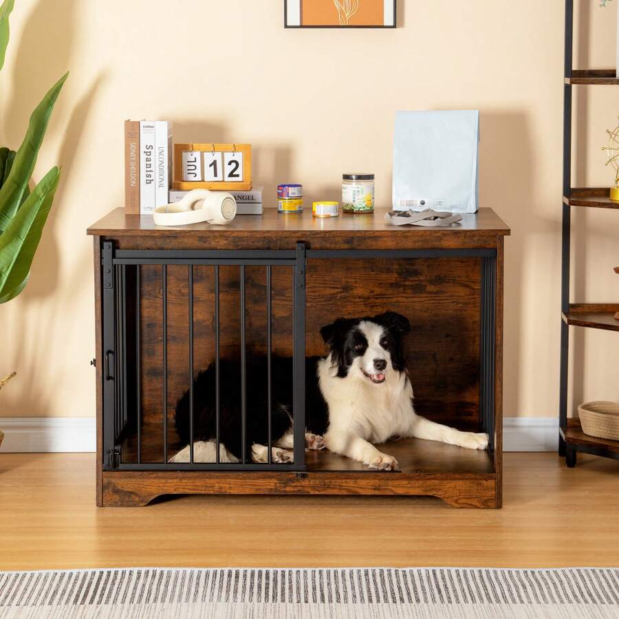 HaluPeit Dog Cage Furniture, Dog Box, 2 Doors, Modern Dog House For Small/Medium/Large Dogs Up To 100 Kg, Side Table, Dog House For Home, 60 X 100 X 68 Cm - 鏽棕色 - 查看 1