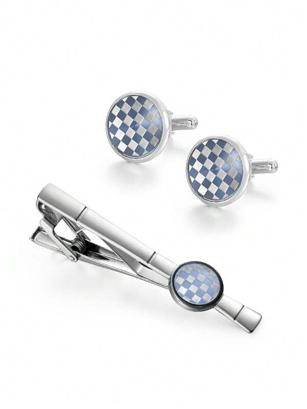 1 Juego de Gemelos + 1 Pinza de Corbata, Material de Cobre con Patrón a Cuadros Azul Profundo, Accesorios de Negocios Pulidos para Hombres