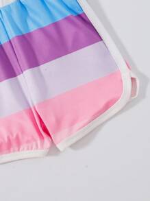 2pcs Baby Girls' Color Block Striped Vest And Shorts Set, Spring/Summer