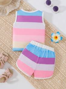 2pcs Baby Girls' Color Block Striped Vest And Shorts Set, Spring/Summer