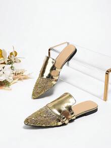 Của phụ nữ Pointed Toe Giày phẳng Với Kim loại Lưới Kết cấu - Vàng - Xem 3