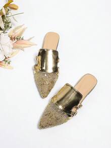 Của phụ nữ Pointed Toe Giày phẳng Với Kim loại Lưới Kết cấu - Vàng - Xem 2