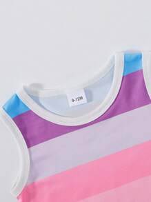 2pcs Baby Girls' Color Block Striped Vest And Shorts Set, Spring/Summer