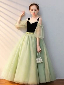 Váy công chúa lệch vai nơ nơ cô gái Tween Thích hợp cho đám cưới Cô gái bán hoa Áo choàng phù dâu Tiệc sinh nhật Tiệc tối Trường học Trang phục biểu diễn sân khấu Quần áo lễ hội - màu xanh lá - Xem 3