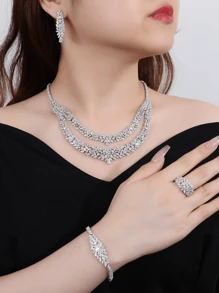 4pcs Bộ trang sức Hai lớp Dây chuyền Bạch kim Mạ Rô-đi-um 3A Khối Zirconia  Trang trí Đối với phụ nữ Buổi tiệc - hoa - Xem 2