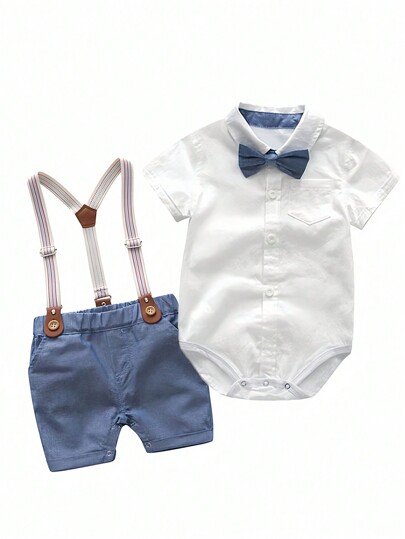 Conjunto de mameluco ligero de manga corta para bebé con tirantes y pantalones cortos de unicolor estilo caballero, adecuado para fiestas de cumpleaños y verano