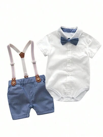 Gentleman-modell, enfärgad, lätt och kortärmad body med hängslen och shorts, set med herrar, lämplig för födelsedagsfest, sommar