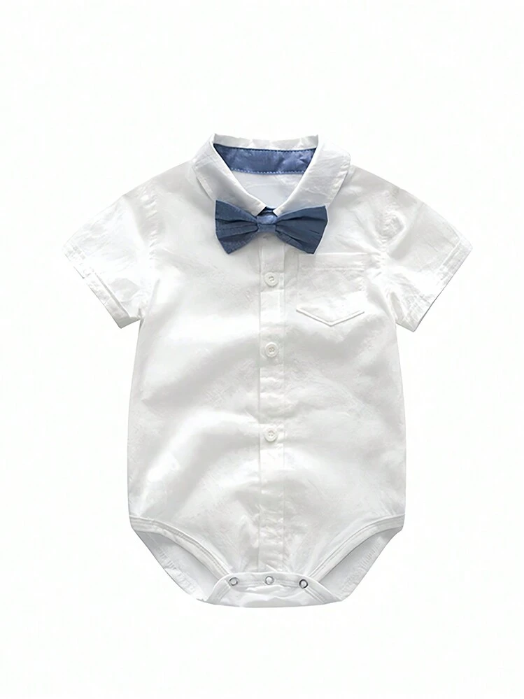 Gentleman Style Baby Boy Solid Color Lightweight Short Sleeve Bodysuit With Suspenders Shorts Set, Suitable For Birthday Party, Summer - Blue and White - View 2