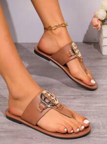Women's Fashionable, Casual, Metal Detail, Soft Cushion, Toe Clip, Lightweight, Flat Sandals - Brown - View 3