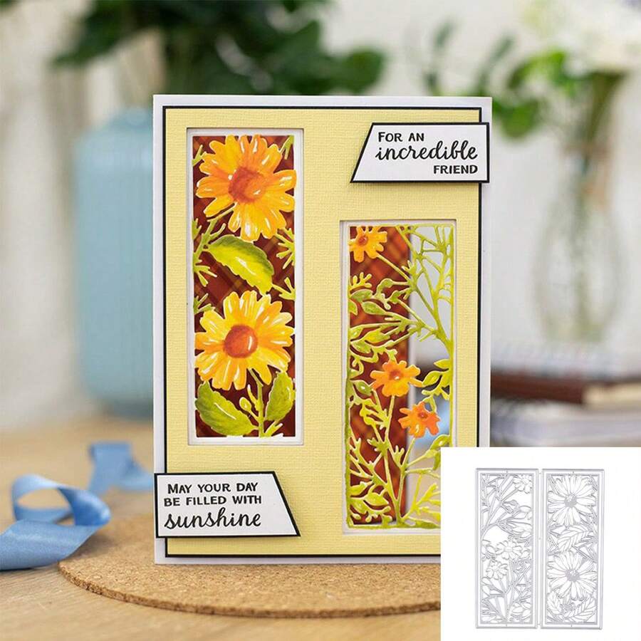 1片長方形中空向日葵背景金屬碳鋼紙藝凸版壓花模切模,適用於diy賀卡製作相簿手工切割模具 - 銀色C - 查看 1