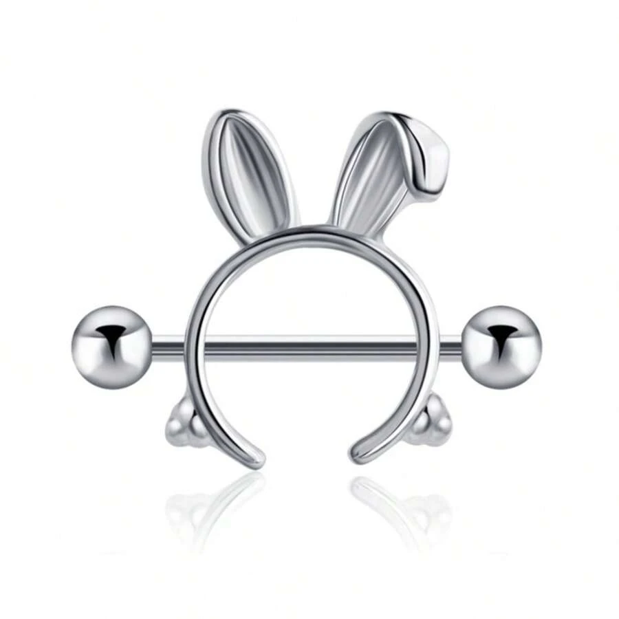 1 Pieza Joyería De Piercing De Pezón De Oreja De Conejo De Acero Inoxidable Personalizada Y Moderna Para Protección De Alergias - Plateado - Ver 1