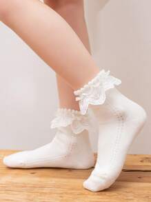 1對女童柔軟白色時尚蕾絲公主風格嬰兒襪子,適合生日派對,休閒穿著,假期,跳舞,日常生活 - 白色 - 查看 2