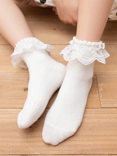 1pair Girls' Soft White Fashionable Lace Princess Style Baby Socks Suitable For Birthday Parties, Casual Wear, Holidays, Dancing, Daily Life