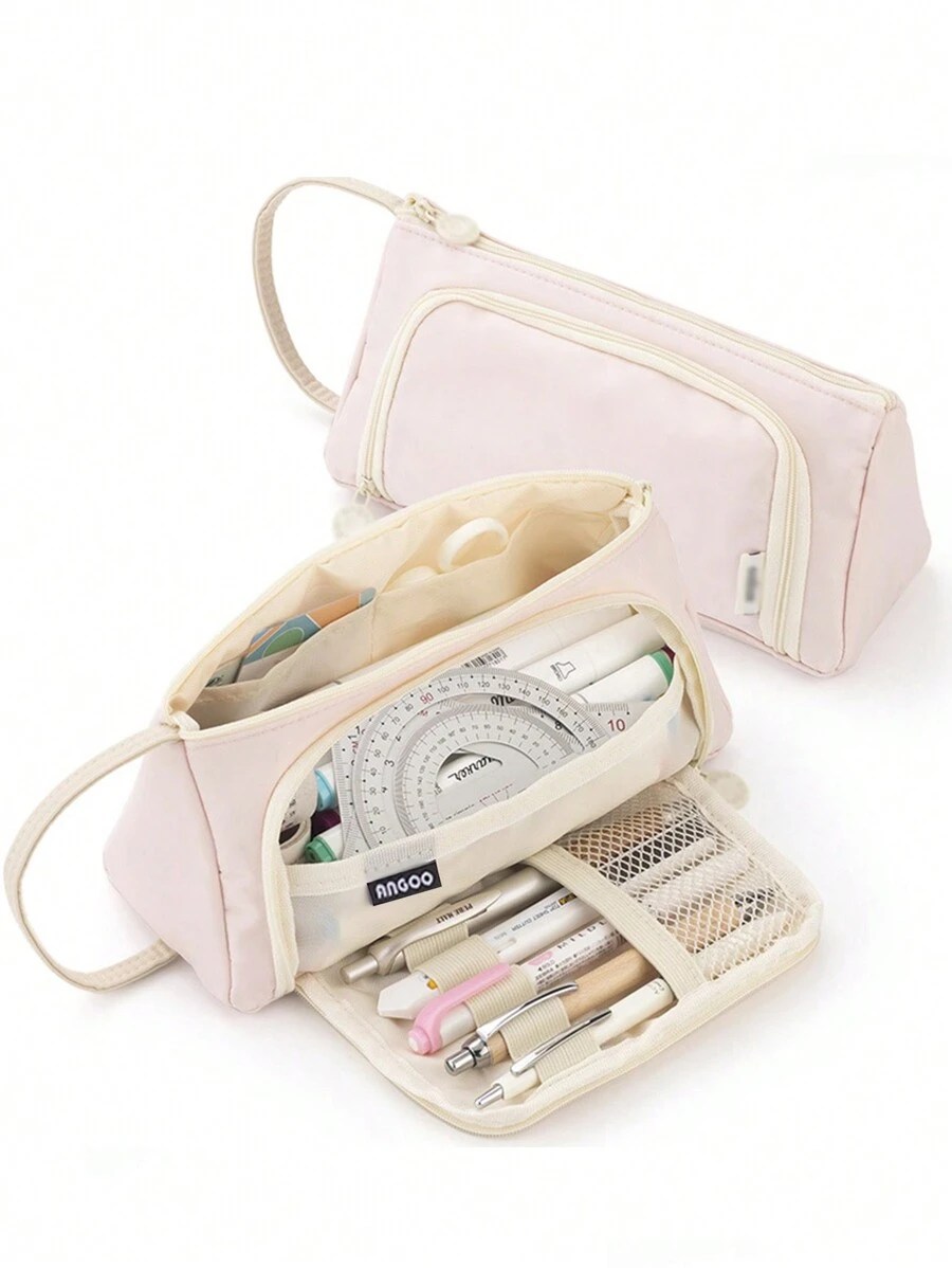 1pc Color Block Pencil Bag, Modern Multi-layer Stationery Bag For Middle High College School & Office - Coral Pink - View 1